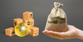 Money bag, golden glass globe and cardboard boxes. Globalization markets. Economics development. International world trade