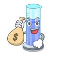 With money bag graduated cylinder with on mascot liquid