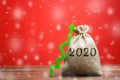 Money bag 2020 and green up arrow. Strategy and budget planning. Business forecasting. Growth and development of business and Royalty Free Stock Photo