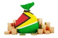 Money bag with Guyanese flag and golden coins around, 3D rendering