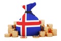 Money bag with Icelandic flag and golden coins around, 3D rendering