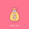 Money bag icon in comic style. Moneybag cartoon vector illustration on isolated background. Coin sack splash effect sign business