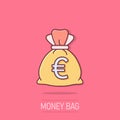 Money bag icon in comic style. Moneybag cartoon vector illustration on isolated background. Coin sack splash effect sign business