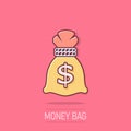 Money bag icon in comic style. Moneybag cartoon vector illustration on isolated background. Coin sack splash effect sign business