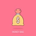 Money bag icon in comic style. Moneybag cartoon vector illustration on isolated background. Coin sack splash effect sign business