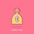 Money bag icon in comic style. Moneybag cartoon vector illustration on isolated background. Coin sack splash effect sign business