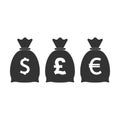 Money bag icon. Dollar, euro, pound icon Vector illustration flat design Royalty Free Stock Photo