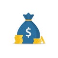 Money bag icon with a dollar sign and stacks of gold coins Royalty Free Stock Photo