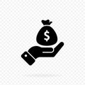 Money bag. Icon hand holding a money sack. Finance icon in black. Business icon. Money sign. Invest finance, hand holding dollar. Royalty Free Stock Photo
