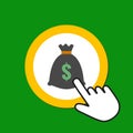 Money bag icon. Wealth, bonus concept. Hand Mouse Cursor Clicks the Button