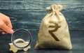 Money bag with indian rupee rupiah and miniature car. The concept of saving money to buy a car. Auto insurance. Savings. Loan Royalty Free Stock Photo