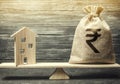 Money bag with indian rupee and wooden house on scales. Fair value of real estate and housing. Payment of the mortgage interest Royalty Free Stock Photo