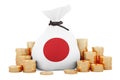 Money bag with Japanese flag and golden coins around, 3D rendering