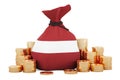 Money bag with Latvian flag and golden coins around, 3D rendering