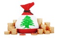 Money bag with Lebanese flag and golden coins around, 3D rendering