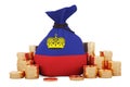 Money bag with Liechtensteiner flag and golden coins around, 3D rendering