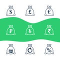 Money bag line icon set, currency exchange, pound and euro sign, ruble and rupee symbol, yen and sack