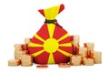 Money bag with Macedonian flag and golden coins around, 3D rendering