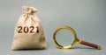 2021 money bag and magnifying glass. Budget planning. Financial goals and plans. Business and finance concept. Forecasting and