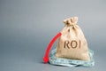 Money bag with measuring tape and the word ROI. Financial ratio illustrating the level of business loss. Return on investment. Royalty Free Stock Photo