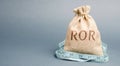 Money bag with measuring tape and the word ROR. Financial ratio illustrating the level of business loss. Return on investment. Royalty Free Stock Photo