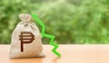 Money bag with philippine peso symbol and green up arrow. Economic recovery and growth. Increased profits. Attracting investment