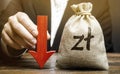 Money bag with polish zloty symbol and red arrow down. Economy fall. Economic difficulties. Stagnation, declining business