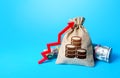 Money bag and red up arrow. Economic growth, GDP. Rise in profits, budget fees. Increase in the deposit rate. Increase income and Royalty Free Stock Photo