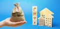 Money bag, residential buildings and blocks with communal services symbols. Utilities public service. Price, payment methods,