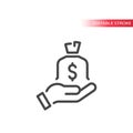 Money bag or sack with hand line vector icon Royalty Free Stock Photo