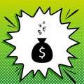 Money bag sign with currency symbols. Black Icon on white popart Splash at green background with white spots. Illustration Royalty Free Stock Photo