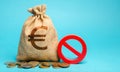 Money bag and sign of prohibition. Restrictions on the export of capital. Economic pressure and sanctions. Destabilization of the Royalty Free Stock Photo