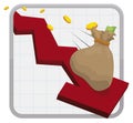 Money Bag Sliding in a Falling Arrow due Economic Crisis, Vector Illustration