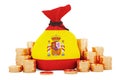 Money bag with Spanish flag and golden coins around, 3D rendering Royalty Free Stock Photo