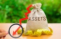 Money bag with tape measure and the word Assets with down arrow. Falling asset, liquidity and value. Analysis of the return on Royalty Free Stock Photo