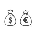 Money bag vector icon line outline style, dollar and euro currency moneybag Royalty Free Stock Photo