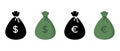 Money bag vector icons set. Green and black sack, flat money bag illustration different style