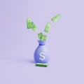 Money bag with white dollar sign with flying green banknotes on purple pastel background Royalty Free Stock Photo