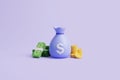 Money bag with white dollar sign, gold coins and bundles of green banknotes on purple pastel background