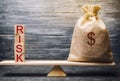 Money bag and wooden blocks with the word Risk. The concept of financial risk. Justified risks. Investing in a business project. Royalty Free Stock Photo