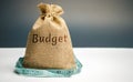 Money bag with the word Budget and tape measure. The concept of limited profit. Lack of money and poverty. Small income. Salary Royalty Free Stock Photo