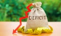 Money bag with the word Deficit and tape measure with down arrow. Budget deficit concept. Low profit. Financial costs. Bankruptcy Royalty Free Stock Photo