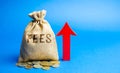 Money bag with the word Fees and up arrow. Duty increase concept. Trade wars. Import and export quotas. High taxation. Free Royalty Free Stock Photo