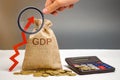 Money bag with the word GDP and up arrow. Technological progress, increasing the level of workers, improving the allocation of Royalty Free Stock Photo