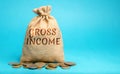 Money bag with the word Gross Income. Profits, wages, salaries, interest payments, rents before taxes. Concept of business and Royalty Free Stock Photo