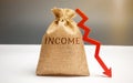 Money bag with word Income and down arrow. Reduced revenue and profits. Reduced budget. Loss of money. Unsuccessful business and Royalty Free Stock Photo