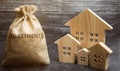 Money bag with the word Investments and wooden houses. The concept of attracting investment in real estate. Search for investors Royalty Free Stock Photo