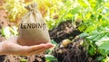 Money bag with the word Lending on the background of plantations. The concept of agricultural lending. Taking a loan for the