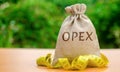 Money bag with the word Opex and tape measure. Day-to-day business expenses. Production of goods and services. Financial