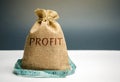 Money bag with the word Profit and tape measure. The concept of limited profit. Lack of money and poverty. Small income. Salary Royalty Free Stock Photo